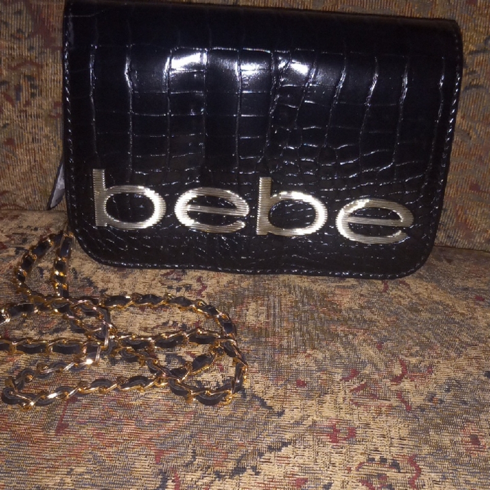 Bebe Glossy Black Croc Clutch with Gold Accents